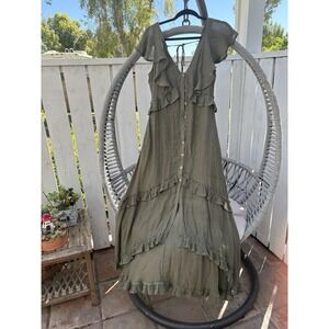 Listicle Sage Green Ruffle High Low Maxi Dress Button Front Western Boho Size M